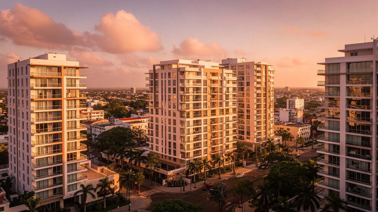 Panorama urbano de Santo Domingo con edificios residenciales bajo la luz del atardecer