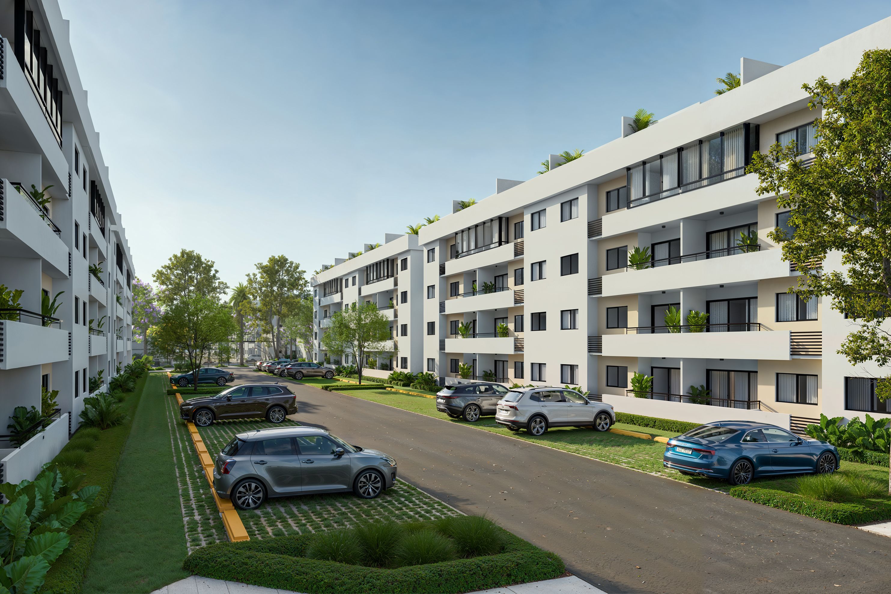 Proyecto residencial moderno y familiar con sus áreas verdes y áreas de juegos para niños