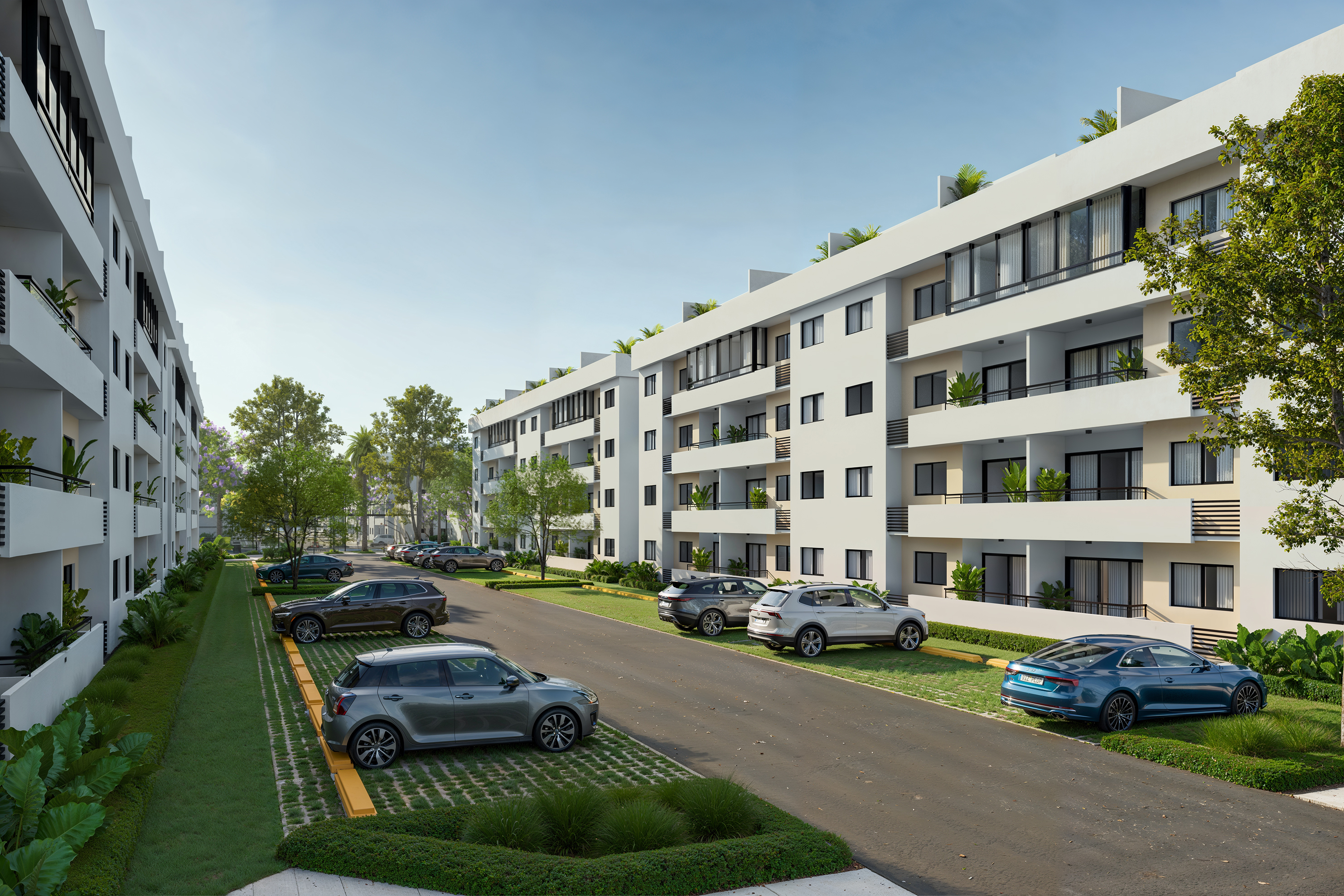 Proyecto residencial moderno y familiar con sus áreas verdes y áreas de juegos para niños
